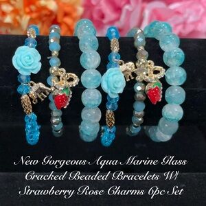 Springtime Glass Aqua Beaded Bracelet Set with Rose & Strawberry Charms - 6pc
